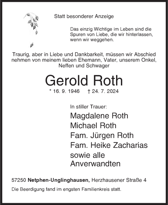 Traueranzeige von Gerold Roth von Siegener Zeitung