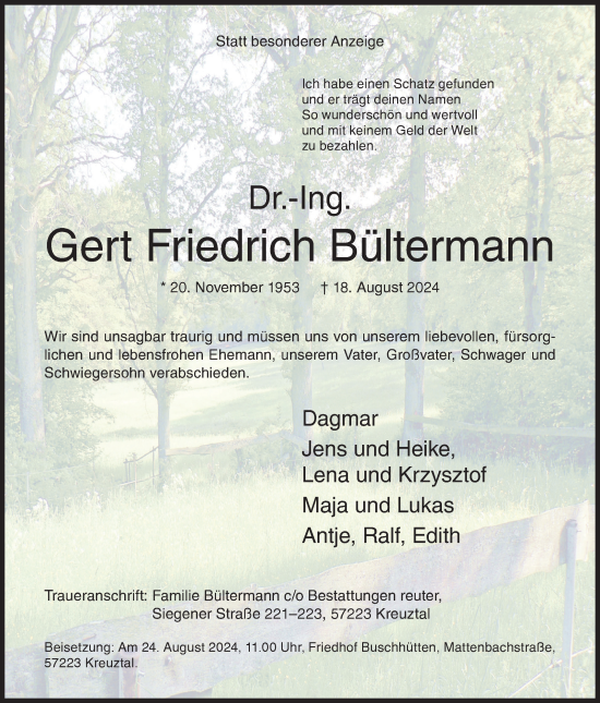 Traueranzeige von Gert Friedrich Bültermann von Siegener Zeitung