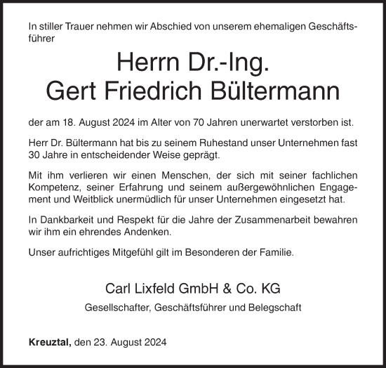 Traueranzeige von Gert Friedrich Bültermann von Siegener Zeitung