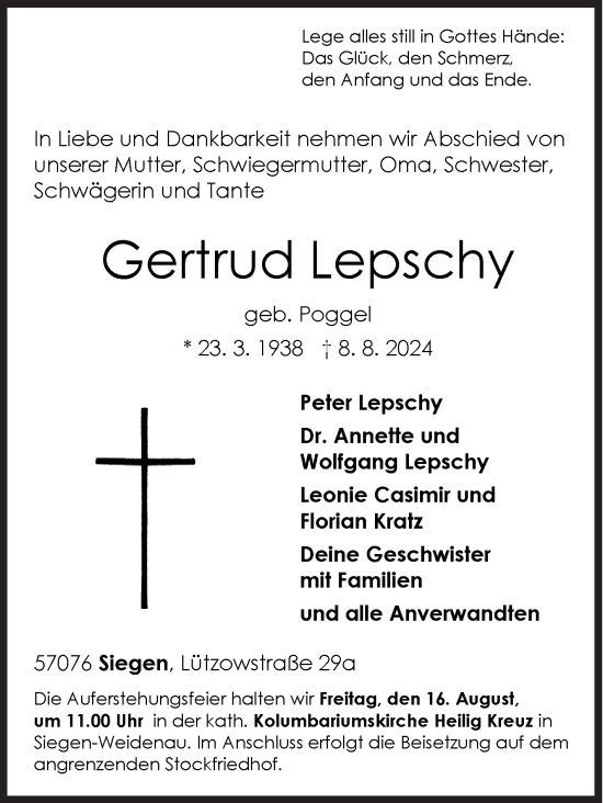 Traueranzeige von Gertrud Lepschy von Siegener Zeitung