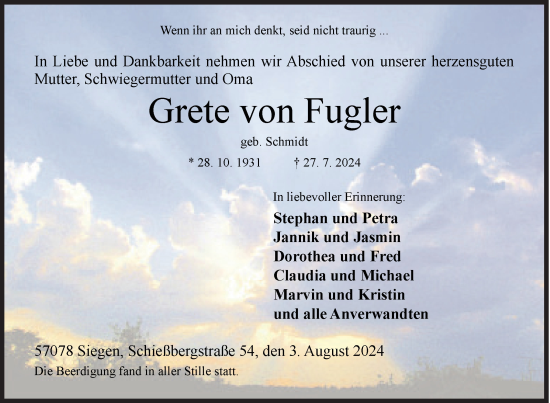 Traueranzeige von Grete von Fugler von Siegener Zeitung