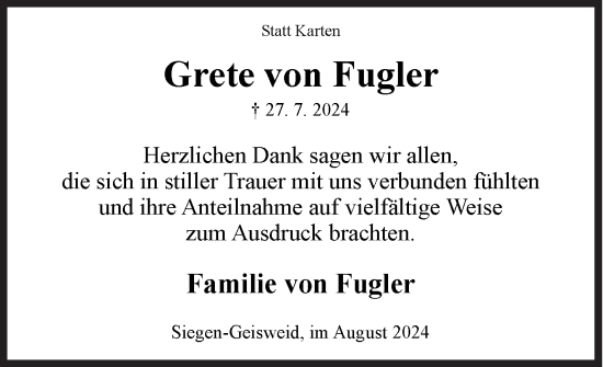 Traueranzeige von Grete von Fugler von Siegener Zeitung