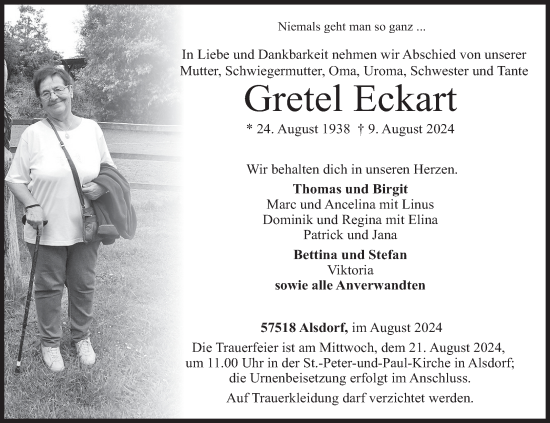 Traueranzeige von Gretel Eckart von Siegener Zeitung