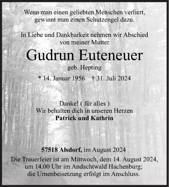Traueranzeige von Gudrun Euteneuer von Siegener Zeitung