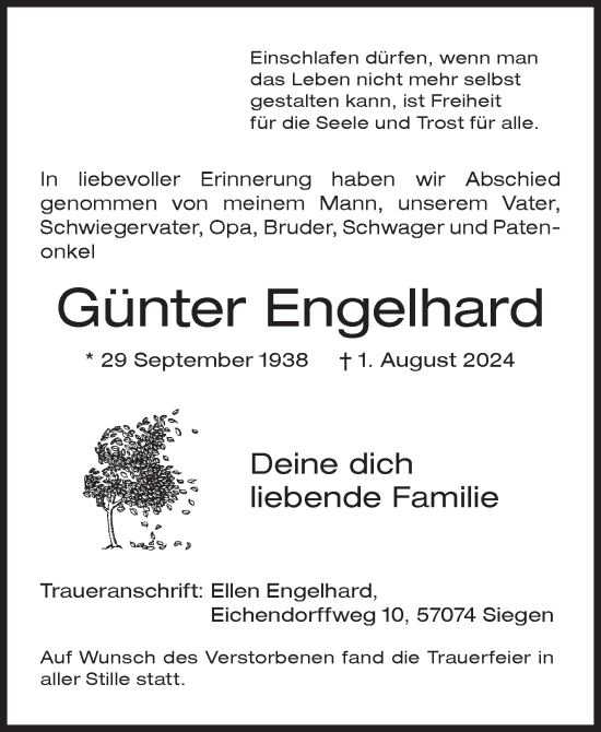 Traueranzeige von Günter Engelhard von Siegener Zeitung