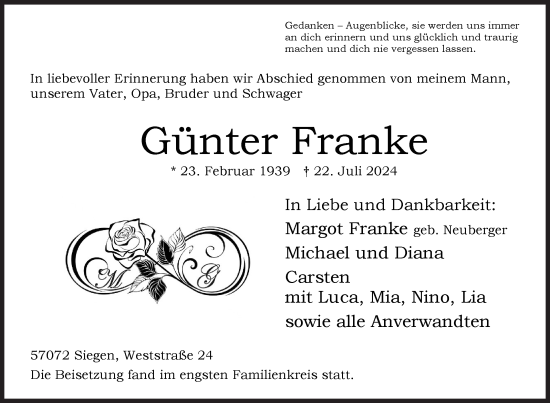 Traueranzeige von Günter Franke von Siegener Zeitung
