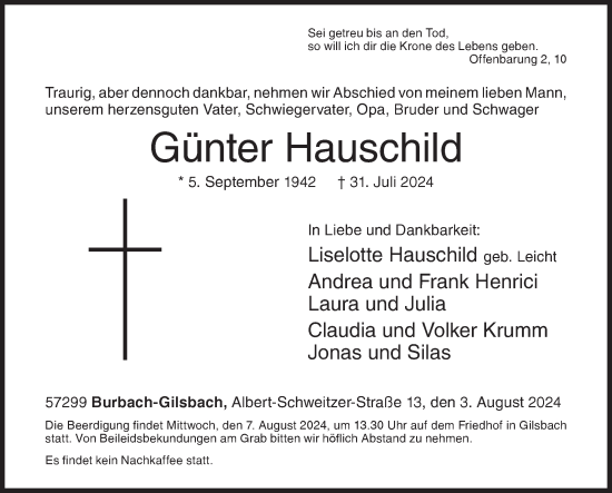 Traueranzeige von Günter Hauschild von Siegener Zeitung