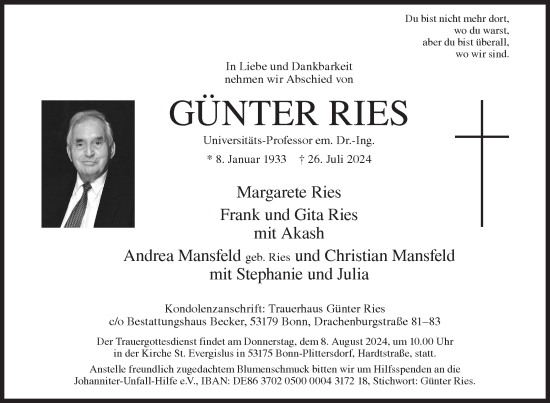 Traueranzeige von Günter Ries von Siegener Zeitung