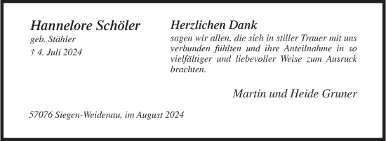 Traueranzeige von Hannelore Schöler von Siegener Zeitung