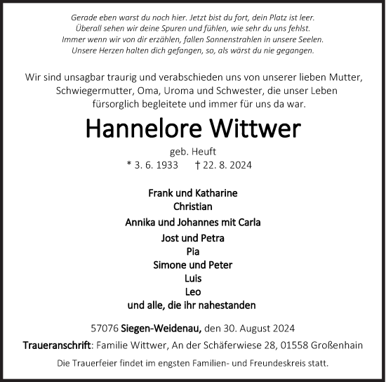 Traueranzeige von Hannelore Wittwer von Siegener Zeitung