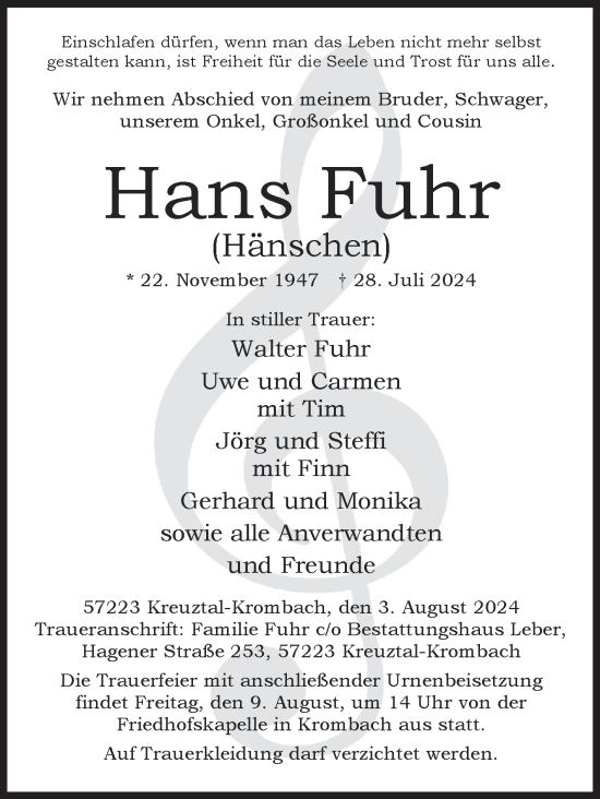Traueranzeige von Hans Fuhr von Siegener Zeitung