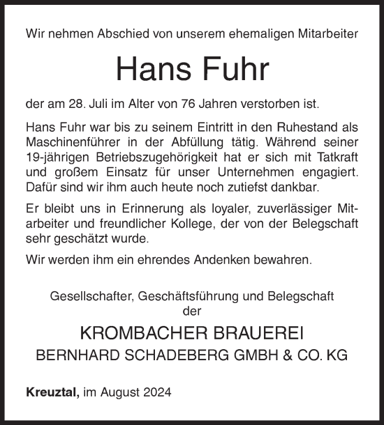 Traueranzeige von Hans Fuhr von Siegener Zeitung