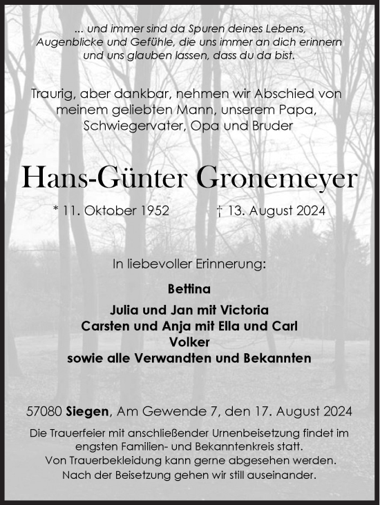 Traueranzeige von Hans-Günter Gronemeyer von Siegener Zeitung