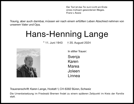 Traueranzeige von Hans-Henning Lange von Siegener Zeitung