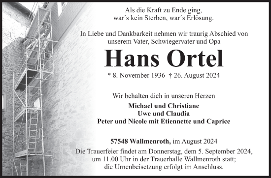 Traueranzeige von Hans Ortel von Siegener Zeitung
