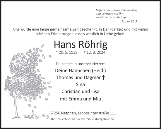 Traueranzeige von Hans Röhrig von Siegener Zeitung