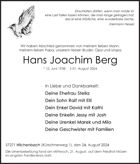 Traueranzeige von Hans Joachim Berg von Siegener Zeitung