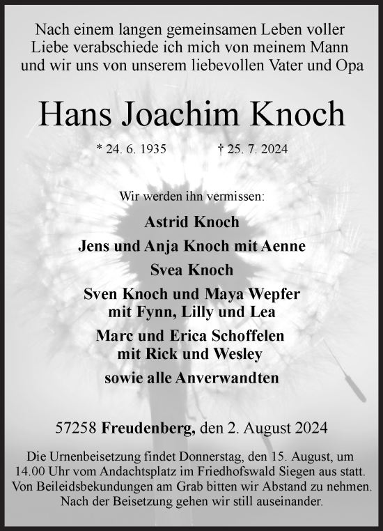 Traueranzeige von Hans Joachim Knoch von Siegener Zeitung