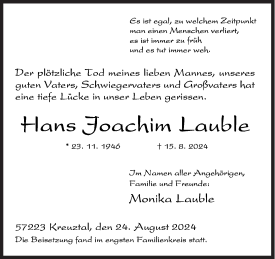 Traueranzeige von Hans Joachim Lauble von Siegener Zeitung