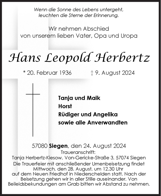 Traueranzeige von Hans Leopold Herbertz von Siegener Zeitung