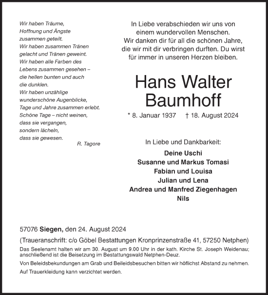 Traueranzeige von Hans Walter Baumhoff von Siegener Zeitung