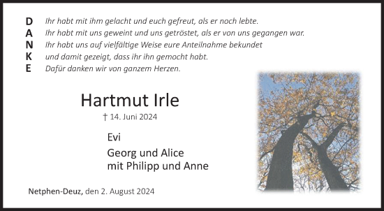Traueranzeige von Hartmut Irle von Siegener Zeitung