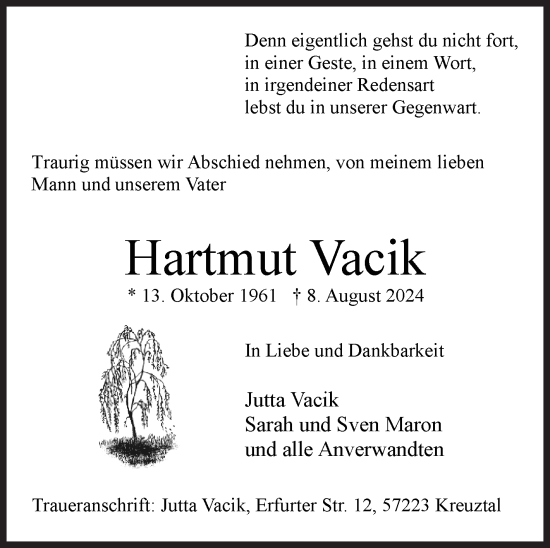 Traueranzeige von Hartmut Vacik von Siegener Zeitung