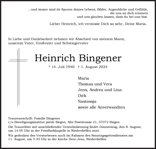 Traueranzeige von Heinrich Bingener von Siegener Zeitung