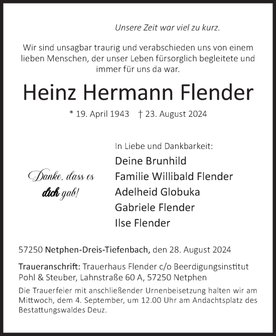 Traueranzeige von Heinz  Flender von Siegener Zeitung