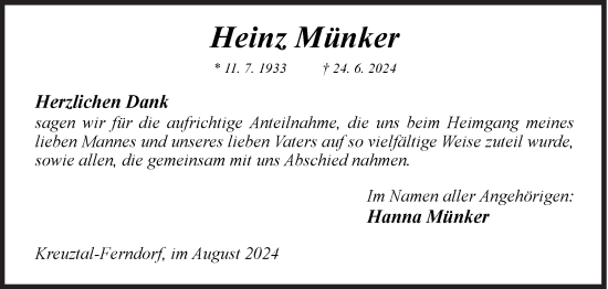 Traueranzeige von Heinz Münker von Siegener Zeitung
