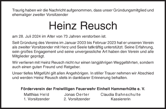 Traueranzeige von Heinz Reusch von Siegener Zeitung