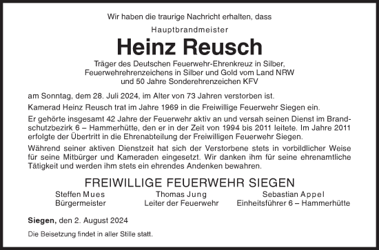 Traueranzeige von Heinz Reusch von Siegener Zeitung