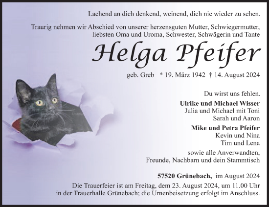 Traueranzeige von Helga Pfeifer von Siegener Zeitung