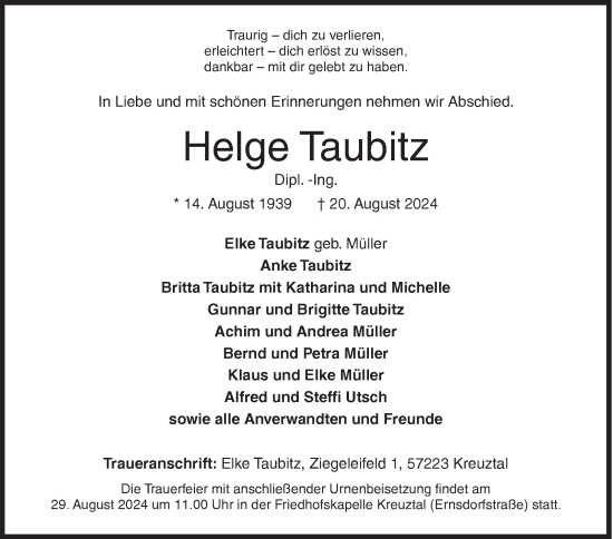 Traueranzeige von Helge Taubitz von Siegener Zeitung