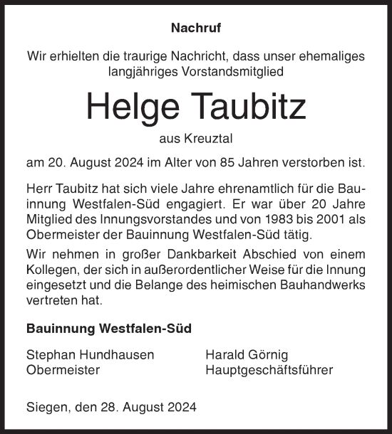 Traueranzeige von Helge Taubitz von Siegener Zeitung