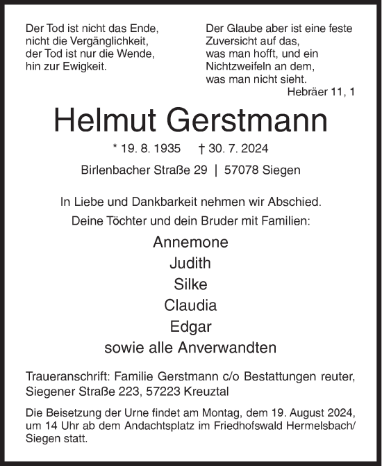 Traueranzeige von Helmut Gerstmann von Siegener Zeitung