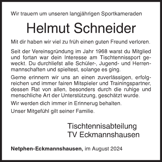 Traueranzeige von Helmut Schneider von Siegener Zeitung