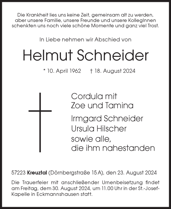 Traueranzeige von Helmut Schneider von Siegener Zeitung