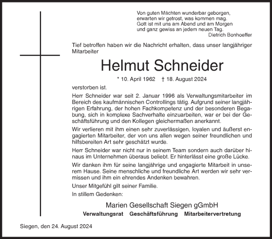 Traueranzeige von Helmut Schneider von Siegener Zeitung