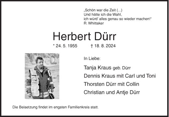 Traueranzeige von Herbert Dürr von Siegener Zeitung