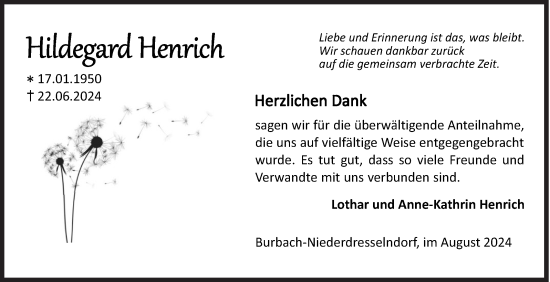 Traueranzeige von Hildegard Henrich von Siegener Zeitung