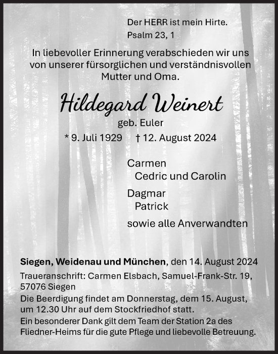 Traueranzeige von Hildegard Weinert von Siegener Zeitung