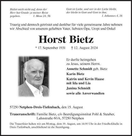 Traueranzeige von Horst Bietz von Siegener Zeitung