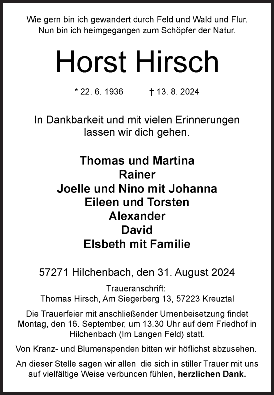 Traueranzeige von Horst Hirsch von Siegener Zeitung
