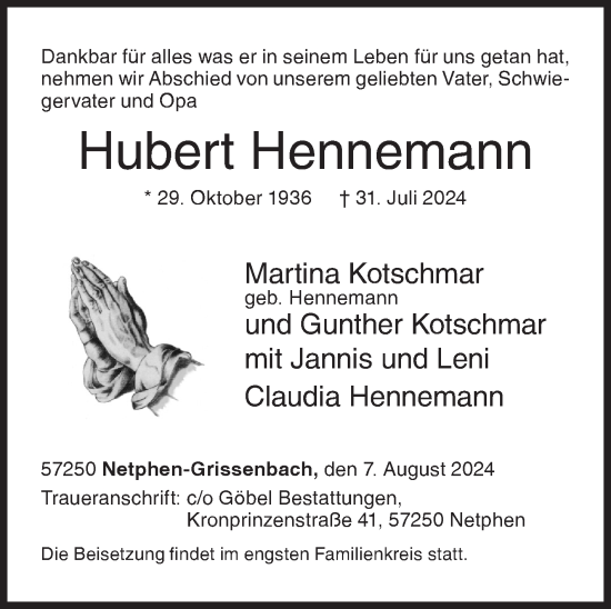 Traueranzeige von Hubert Hennemann von Siegener Zeitung