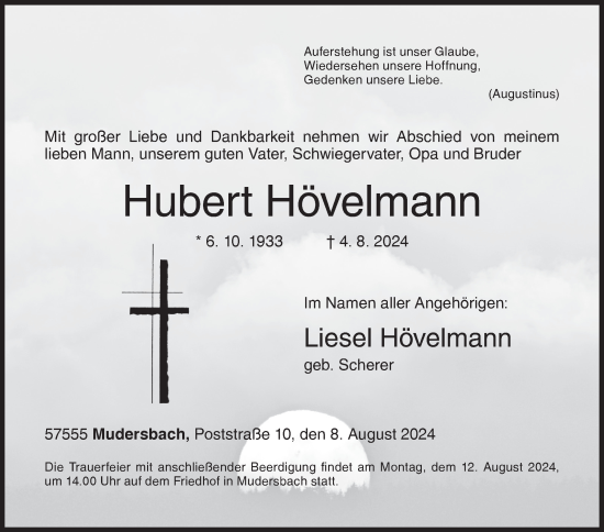 Traueranzeige von Hubert Hövelmann von Siegener Zeitung