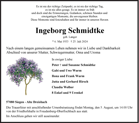 Traueranzeige von Ingeborg Schmidtke von Siegener Zeitung