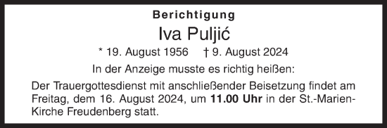 Traueranzeige von Iva Puljic von Siegener Zeitung