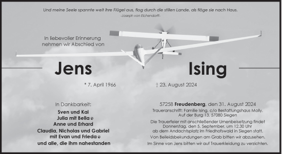 Traueranzeige von Jens Ising von Siegener Zeitung