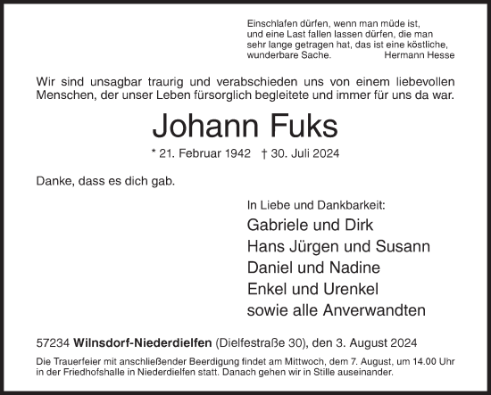 Traueranzeige von Johann Fuks von Siegener Zeitung
